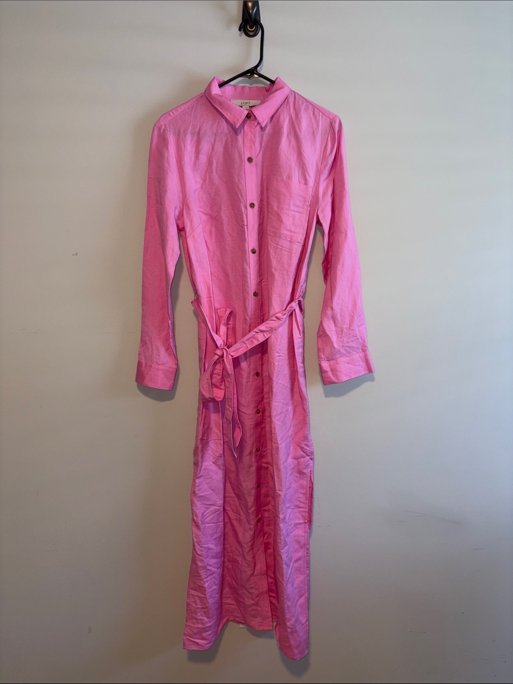 LOFT Bubblegum Pink Long Sleeve Maxi Shirt Dress with Waist Tie
